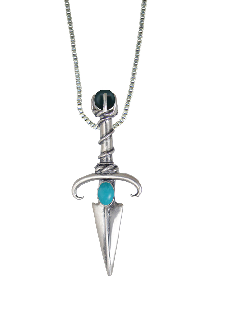 Sterling Silver Black Prince's Knife Dagger Pendant With Turquoise And Bloodstone